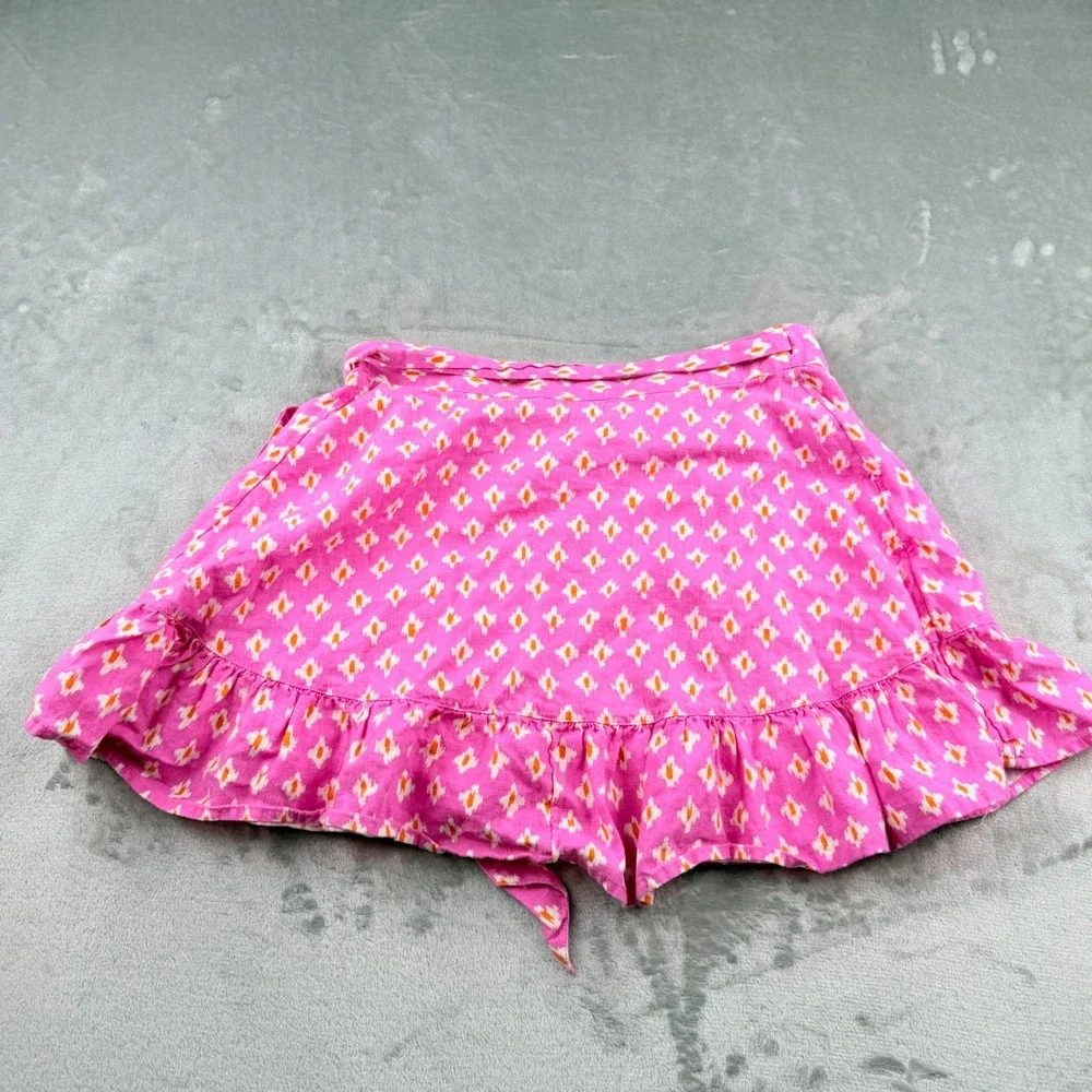 Aerie Pink Ikat Women's Small Linen Blend Ruffle Wrap Mini Skirt